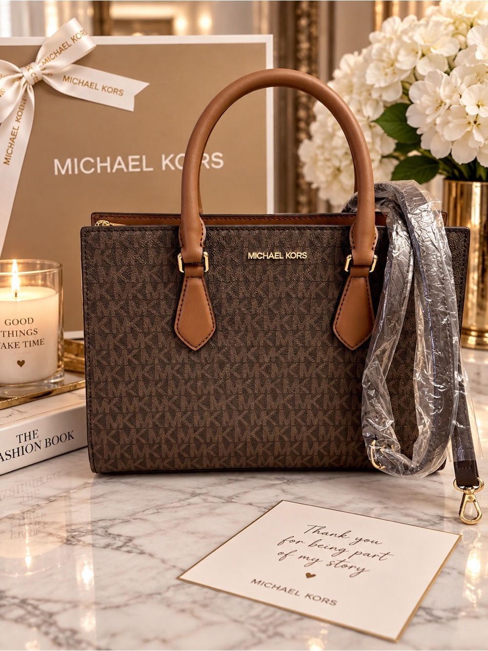 Michael Kors Brown/Tan Signature Logo Satchel with Gold Hardware